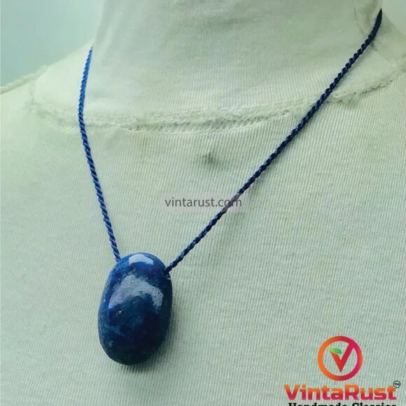 Lapis Lazuli Pendant Necklace, Gemstone Oval Shape Necklace Natural Good Quality - Picture 4 of 11